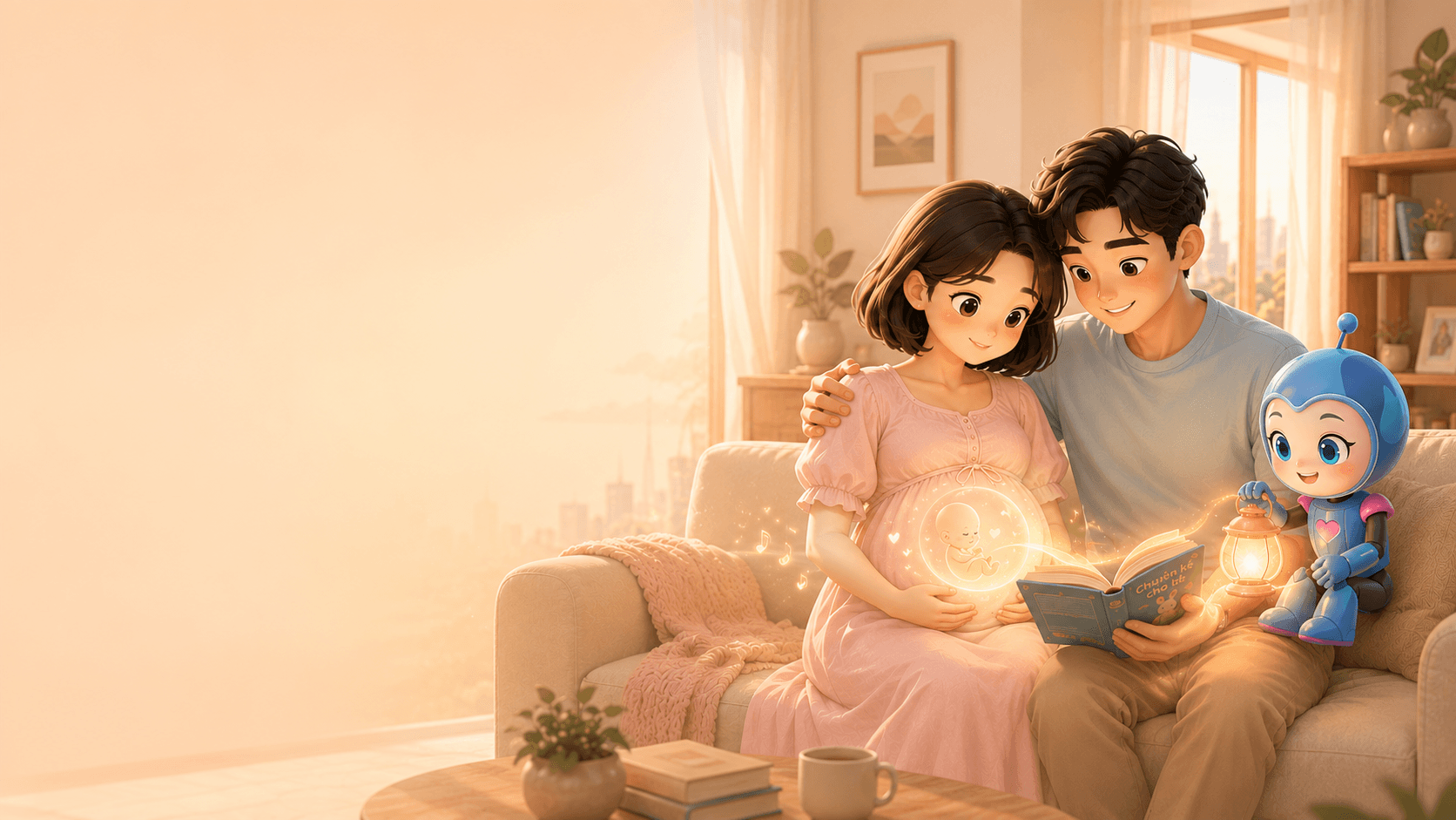 Ba mẹ cùng Doti đọc truyện cho em bé trong bụng